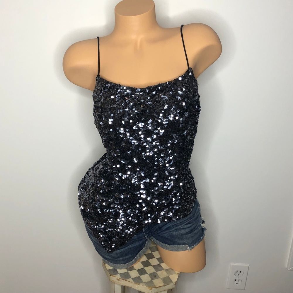 CACHE sequin black asymmetrical top S